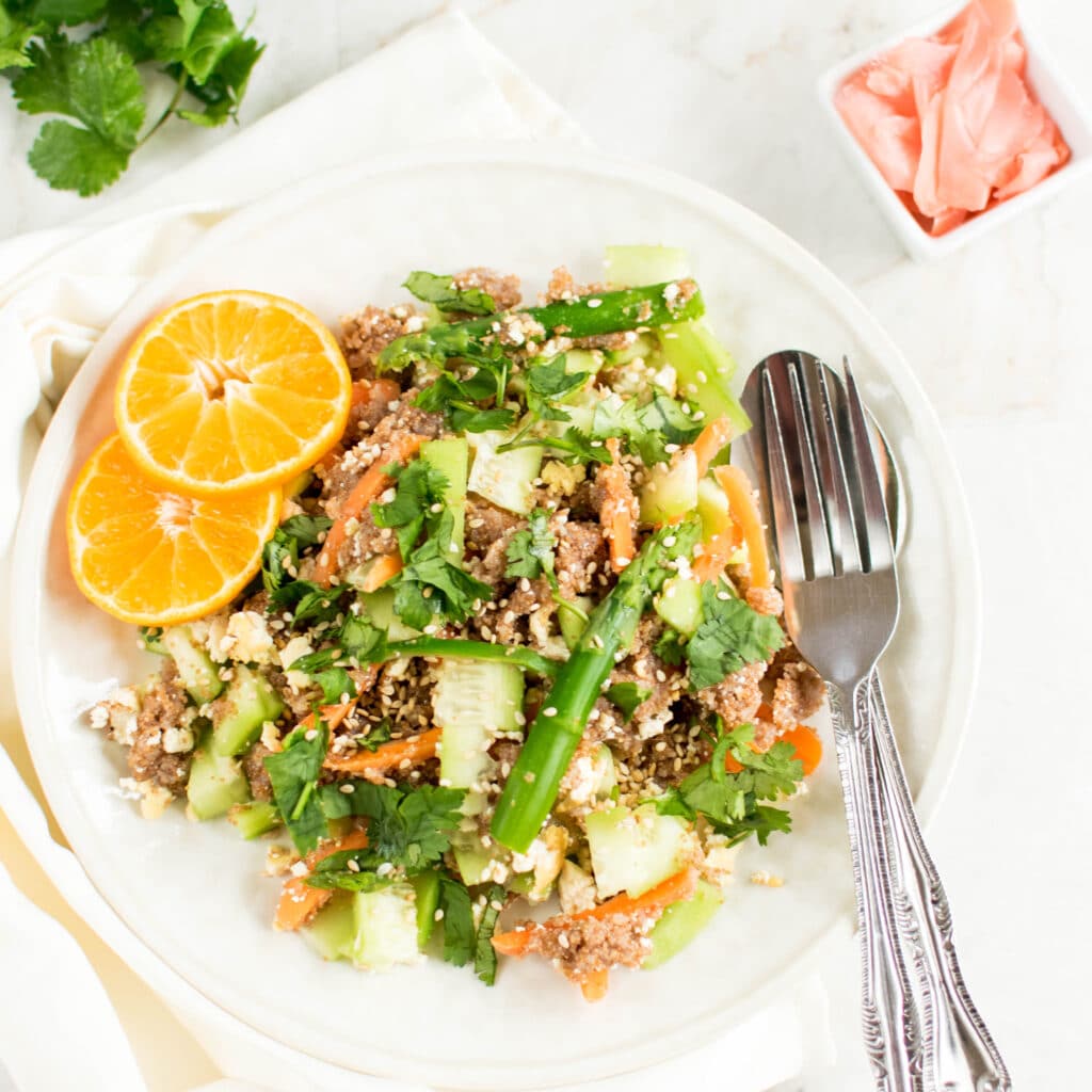 top view of teff tofu salad