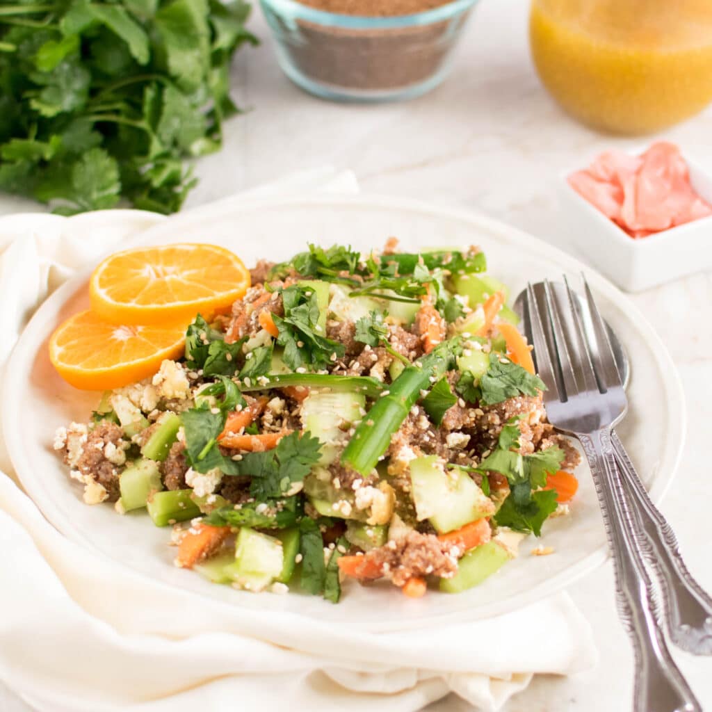 a 45 degree angle view of teff tofu salad