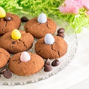 A front view of Paleo Chocolate Chip Easter Cookies in a serving plate