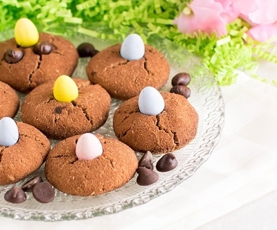A front view of Paleo Chocolate Chip Easter Cookies in a serving plate