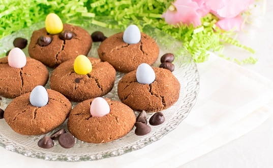 A front view of Paleo Chocolate Chip Easter Cookies in a serving plate