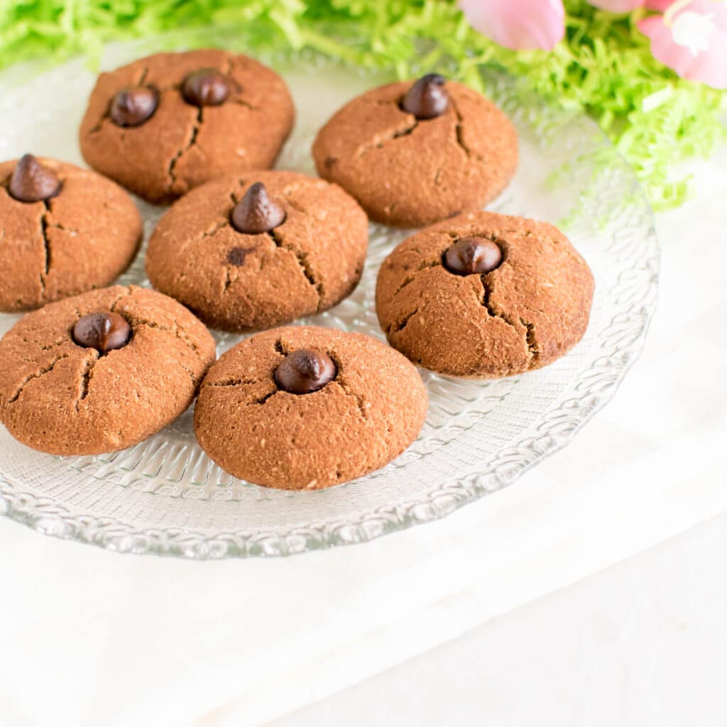 A 45 degree angle view of Paleo Chocolate Chip Easter Cookies 