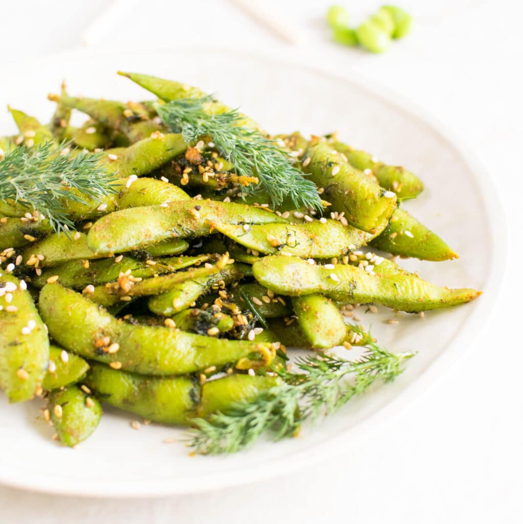 A close up view of Dill Edamame Snack 