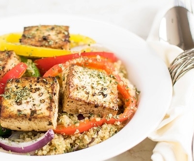 A plated Red Wine Vinegar Tofu with Quinoa is shown.