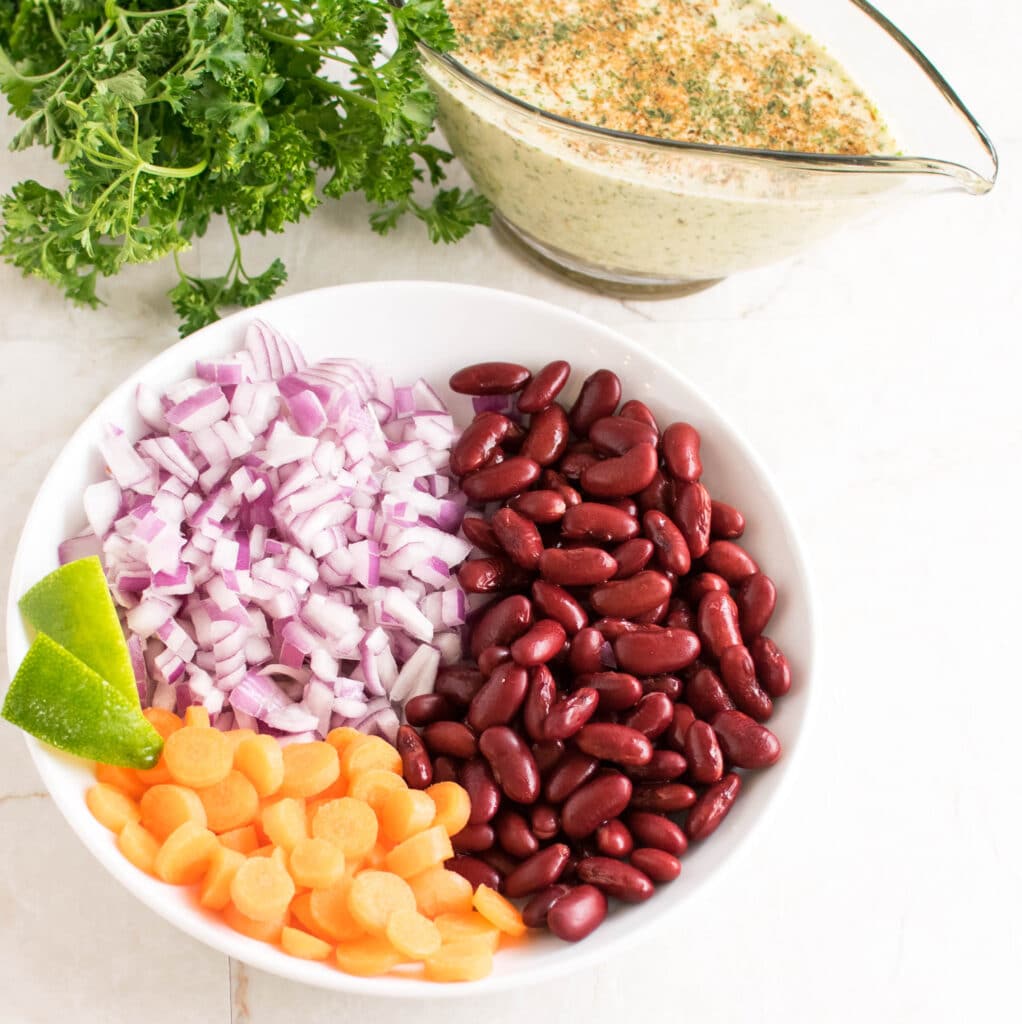 Top view of Kidney Beans Salad with Parsley Macadamia Dressing 