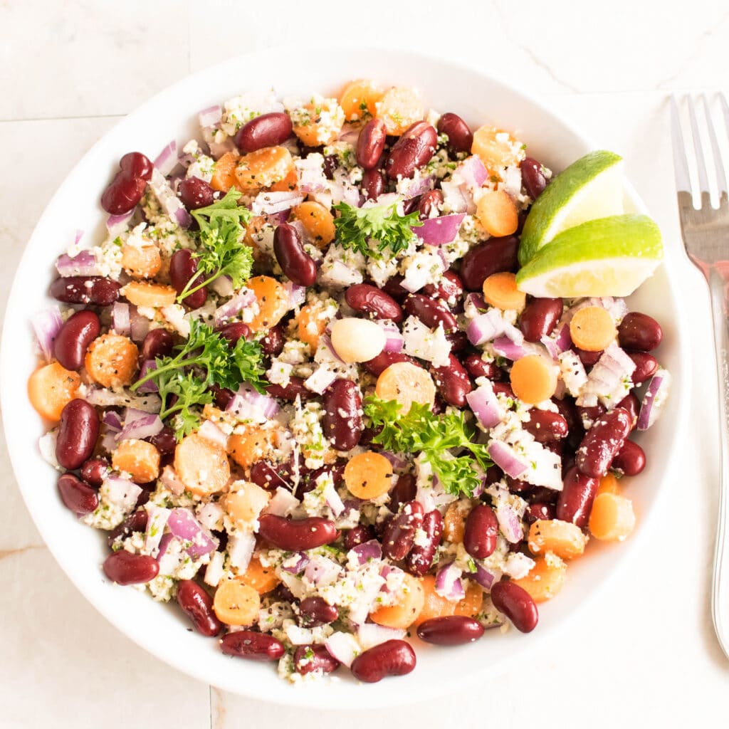 A close up view of Kidney Beans Salad with Parsley Macadamia Dressing 