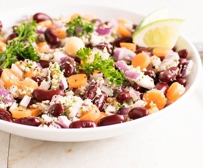 A front view of kidney beans salad with parsley macadamia dressing