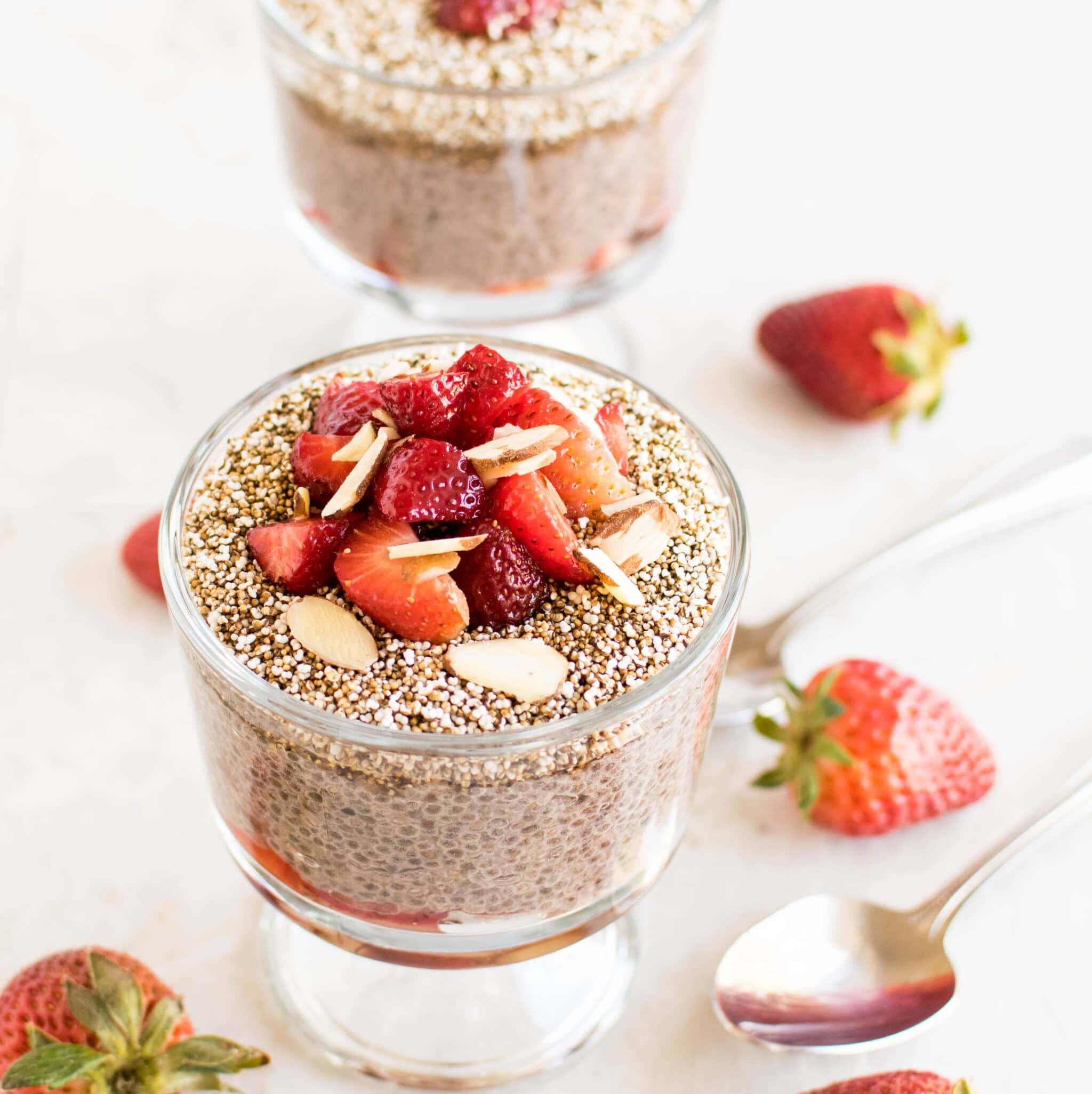 a 45 degree angle view of strawberry chia amaranth pudding