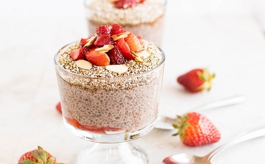 a front close up view of strawberry chia amaranth parfait