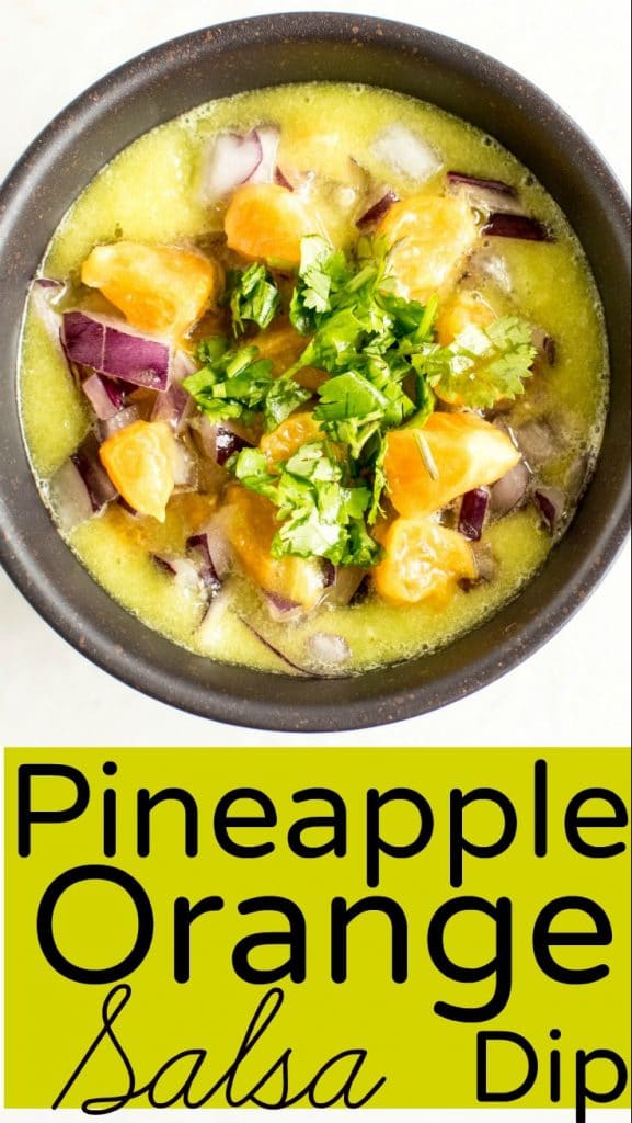A close up view of Pineapple Orange Salsa Dip