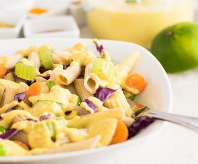 A close up view of Thai Curry Pasta Salad