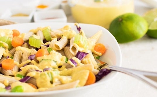 A close up view of Thai Curry Pasta Salad