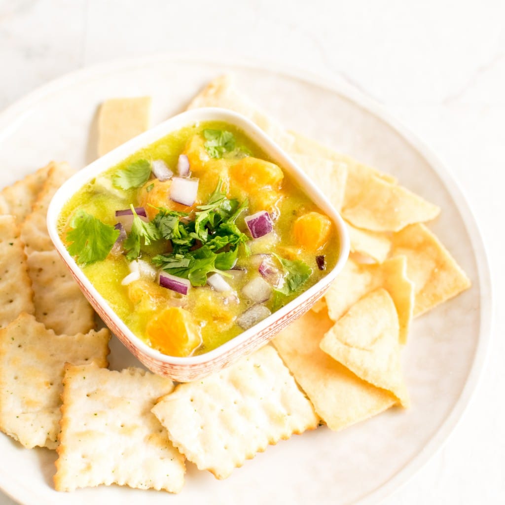 A 45 degree angle view of Pineapple Orange Salsa Dip