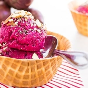 A waffle cup with beetroot rhubarb ice cream