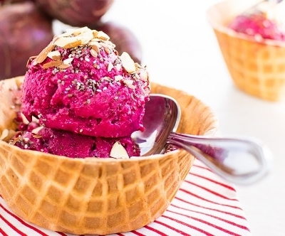 A waffle cup with beetroot rhubarb ice cream