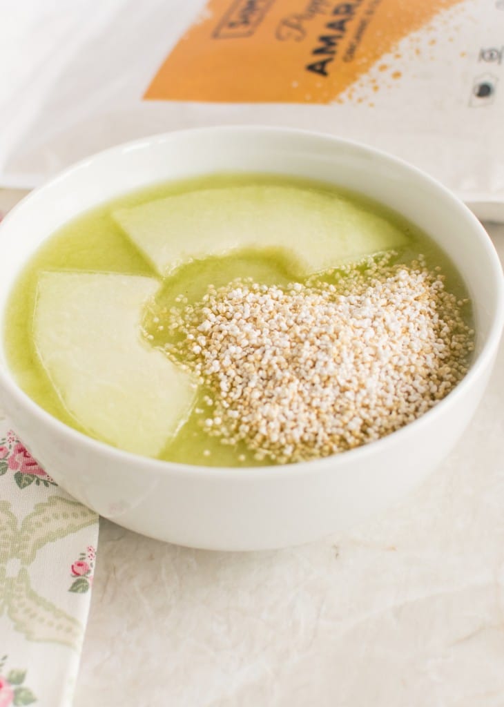 A 45 degree Popped Amaranth Honey Dew Cucumber Smoothie Bowl 