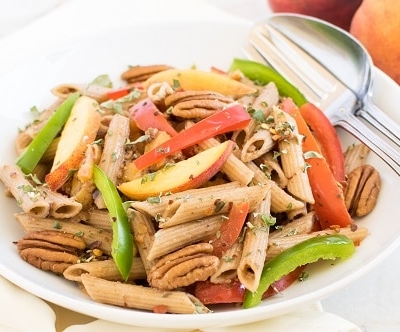 A close up view of Peach Pecan Pasta