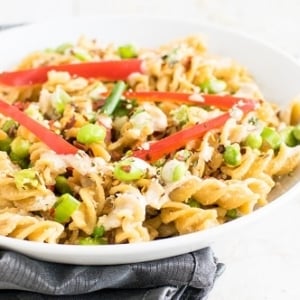 A front view of chickpea fusilli in hemp tahini sauce
