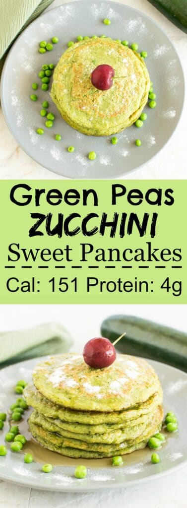 Multiple images of Green Peas Zucchini Sweet Pancakes