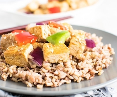 A front view of sweet and spicy tofu