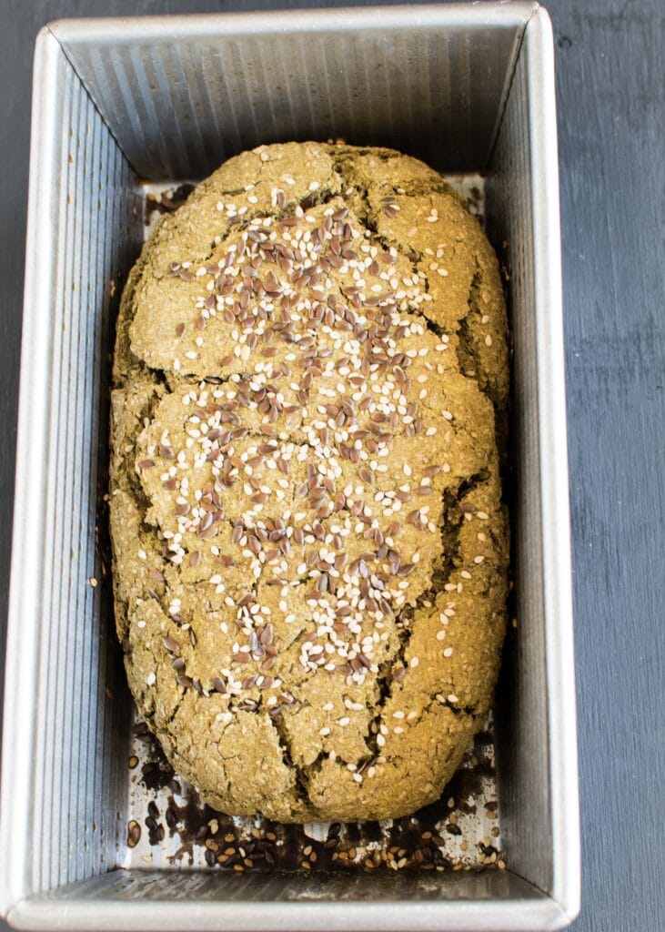 Teff Wheat Bran Chia Bread in a loaf pan