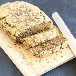 A front view of sliced teff wheat bran chia bread