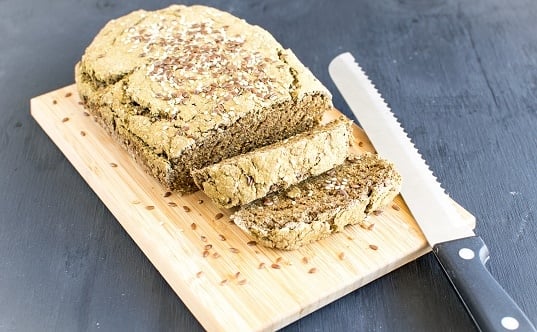 A front view of sliced teff wheat bran chia bread