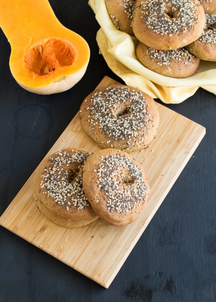 Top view of stacked butternut squash amaranth bagels.