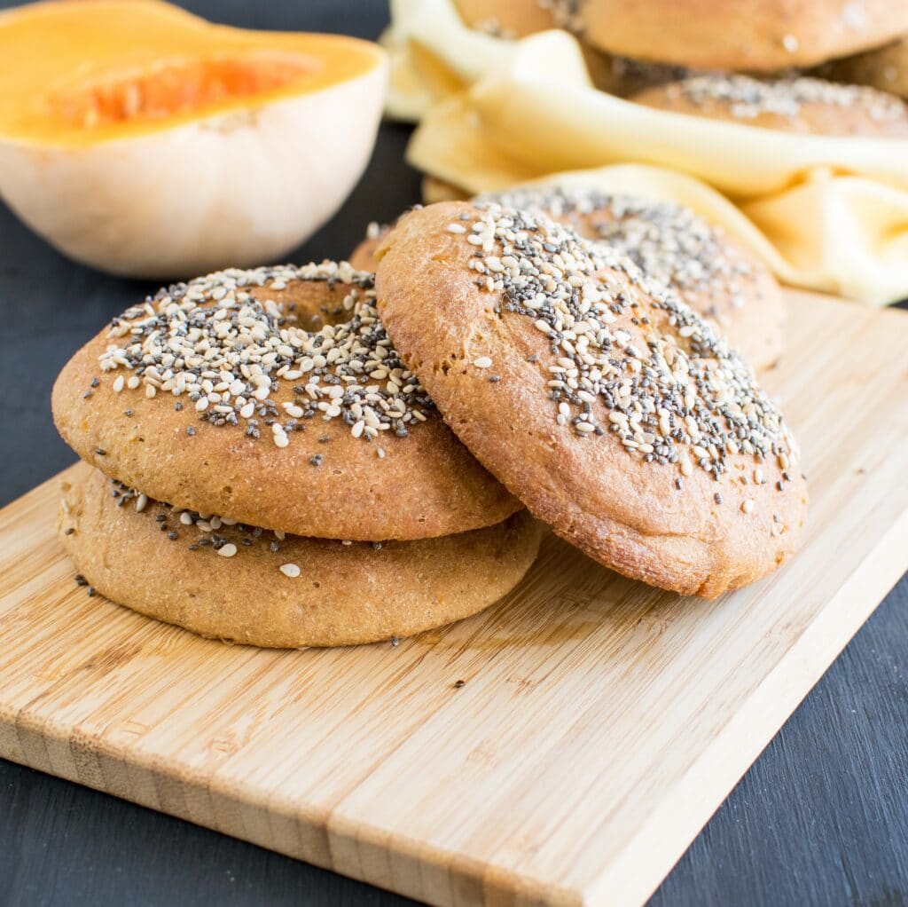 a front view of stacked butternut squash amaranth bagels