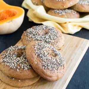 Butternut Squash Amaranth Bagels on a wooden board