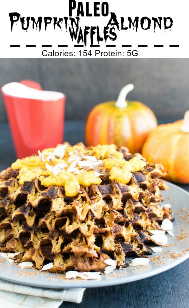  a close up view of stacked paleo pumpkin almond waffles