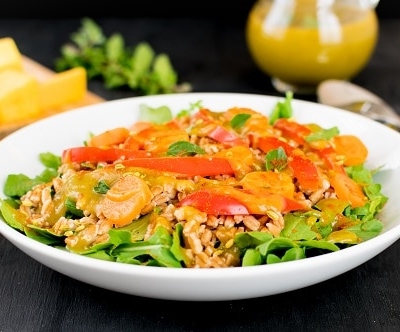 a front view of farro salad in butternut squash dressing