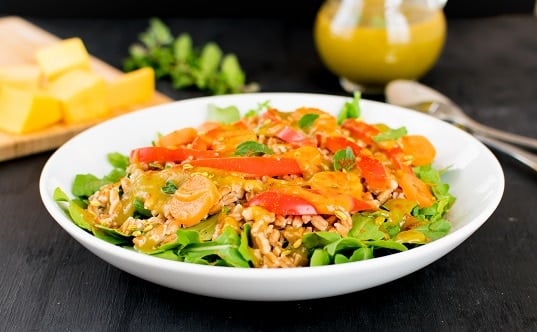 a front view of farro salad in butternut squash dressing