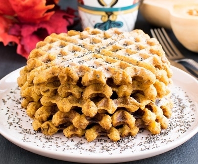 Stacked butternut squash chia spelt waffles