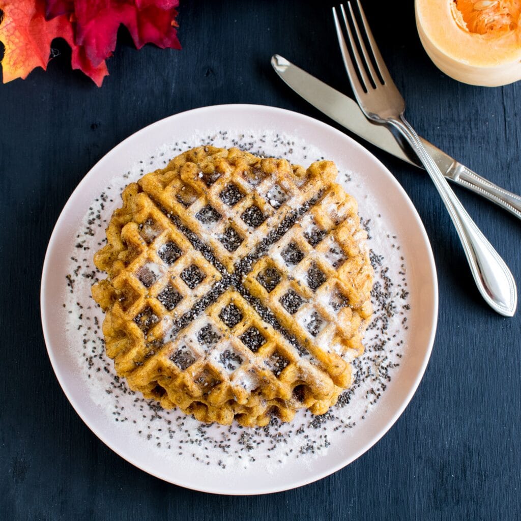 Top view of butternut squash chia spelt waffles