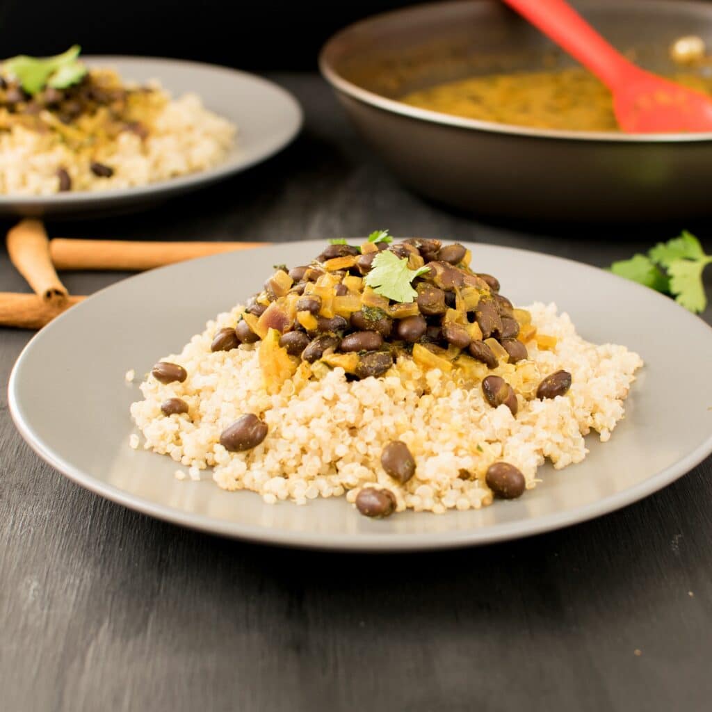 black beans curry served over quinoa. 