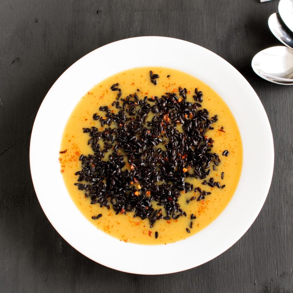 Top view of Forbidden Black Rice Persimmons Soup