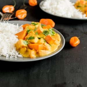 A front view of Roasted Sweet Potatoes in Creamy Habanero Sauce paired with rice