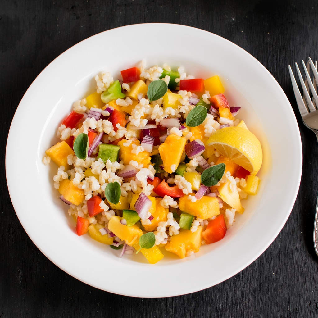 Top view of Brown Rice Papaya Salad 