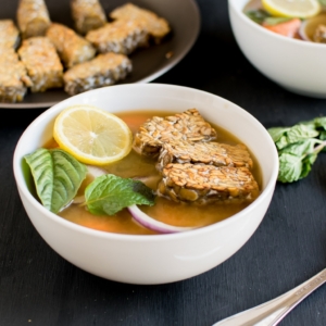 A 45 degree angle of Pan Seared Tempeh Soup