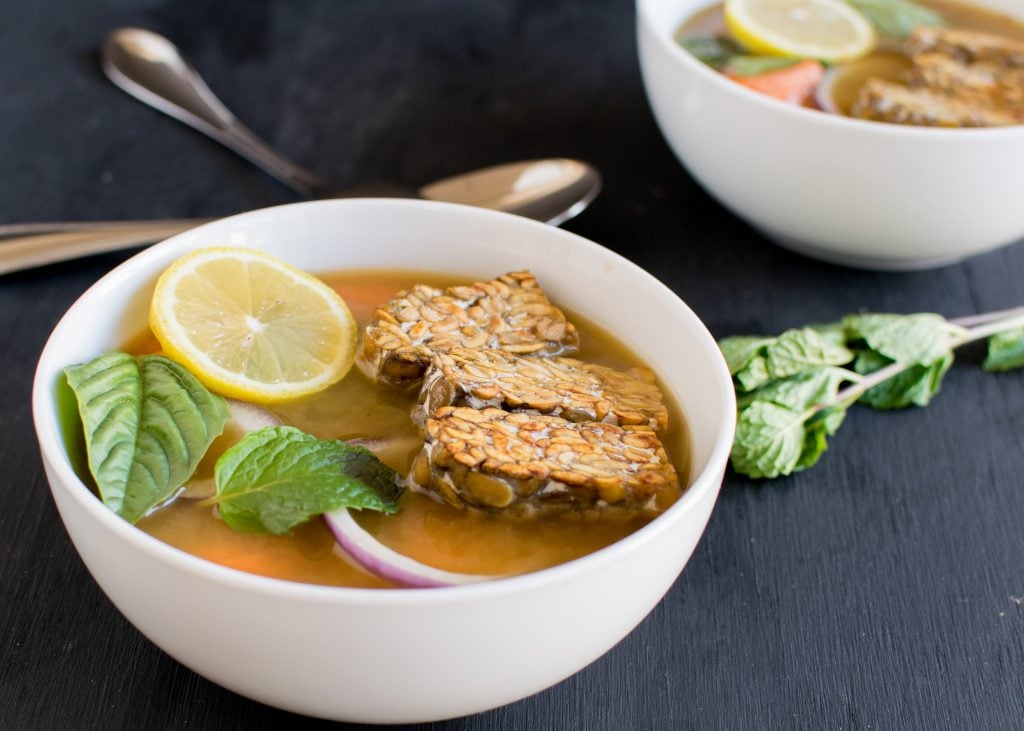 A close up view of pan seared tempeh soup