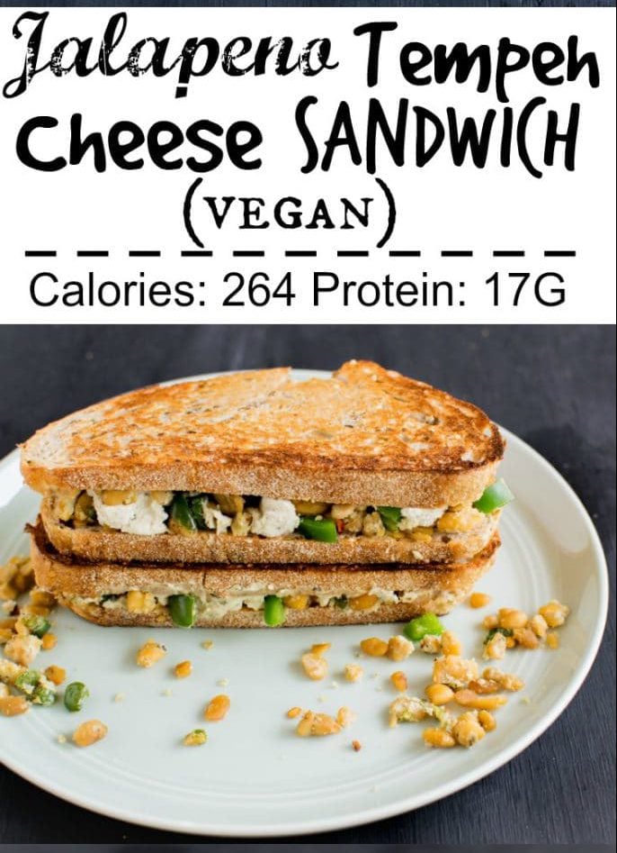 A close up view of Jalapeno Tempeh Cheese Sandwich 