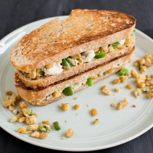 A side angle view of jalapeno tempeh cheese sandwich