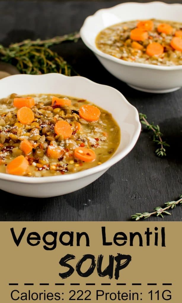 Two soup bowls served with Vegan Lentil Cheese Soup