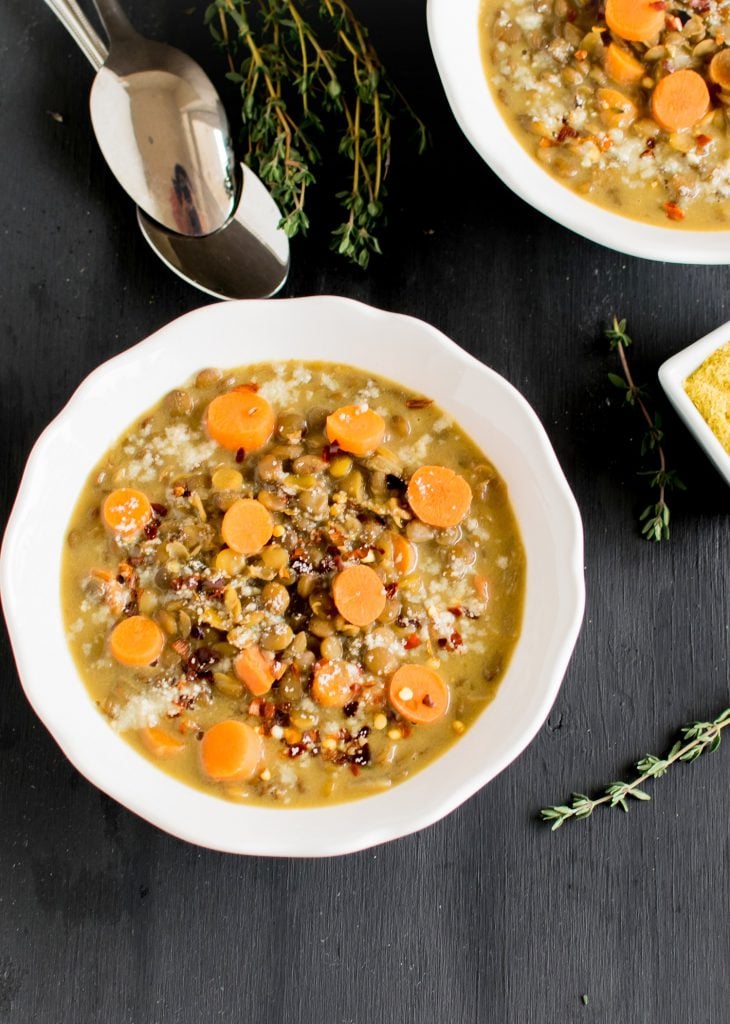 Top view of Vegan Lentil Cheese Soup