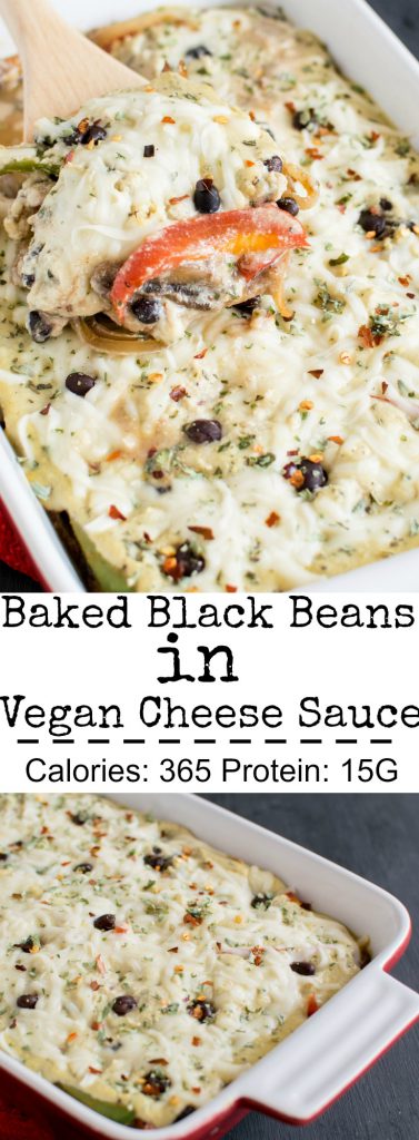 Multiple images of Baked Black Beans with its title and nutritional information is shown