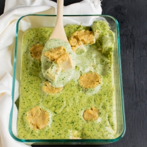 A spatula showing Cheesy Spinach Tofu Casserole