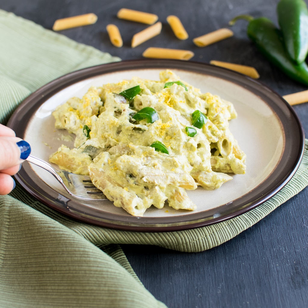 A fork picking up Jalapeno Cheese Pasta