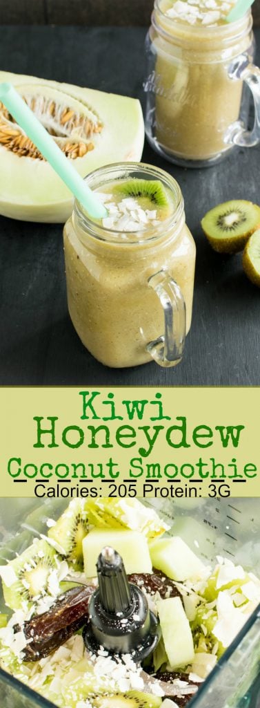 Multiple images of Kiwi Honeydew Coconut Smoothie with its title and nutritional information. i