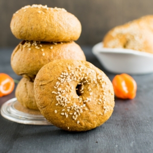 A stack of Habanero Cashew Sauce Bagels